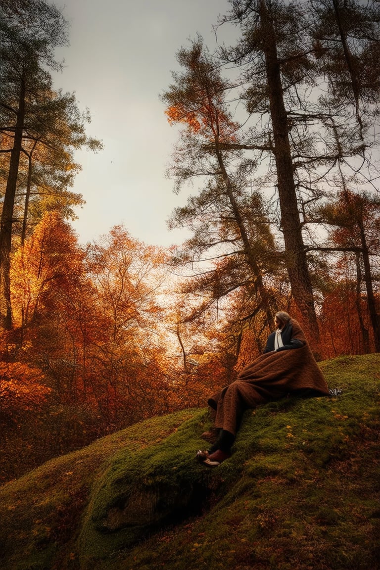 A warm golden light casts a cozy glow on a picturesque autumnal scene: leaves of burnt orange, rusty red, and honey yellow scatter across a rolling hillside, amidst a backdrop of tall trees donning fiery crowns. A lone figure, wrapped in a rustic blanket, sits atop a moss-covered rock, hands clasped, gazing out at the vibrant tapestry before them.