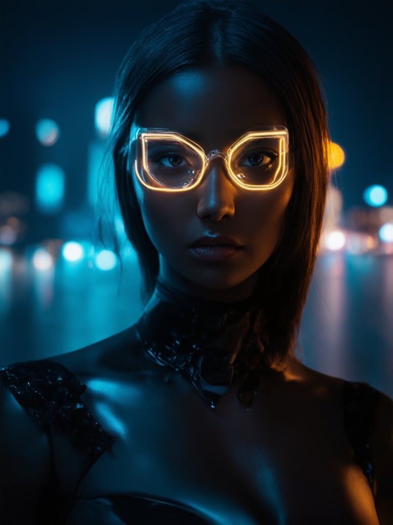 A cyberpunk beauty dons clear neon glasses, her gaze piercing through the darkness. Against a backdrop of neon-lit cityscapes, she stands out like a gemstone. Golden ratio details dance across her features as she poses confidently, her intricate attire shimmering in 32k UHD. The scene is bathed in warm light leaks, with subsurface scattering and rim lighting accentuating every detail. Her eyes, a masterpiece of sharp focus and highest quality, seem to sparkle with an otherworldly charm.