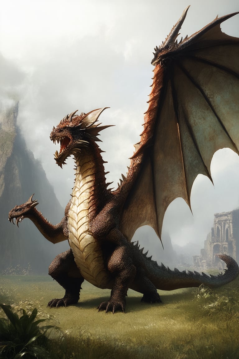 Epic fantasy landscape: a medieval-inspired setting with misty mountains, ancient ruins, and lush greenery. A majestic dragon, its scales glistening like polished gemstones, sprawls across the foreground, its wings outstretched as if mid-battle cry. The framing is cinematic, with a shallow depth of field emphasizing the dragon's regal presence.