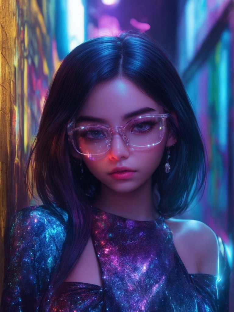 In a neon-drenched alleyway, a cyberpunk girl with clear glasses and a mesmerizing gaze poses against a golden ratio-structured graffiti wall. Her outfit shines with intricate details, as if woven from digital threads. Soft light leaks illuminate her face, accentuating the rim light on her striking features. Subsurface scattering adds depth to her eyes, which seem to hold secrets of the ever-after high. The background hums with vibrant complementary colors, drawing the viewer's eye through sharp focus and loish-like lines. Art by artgerm, wlop, and octane render masterpieces this 32k UHD illustration.