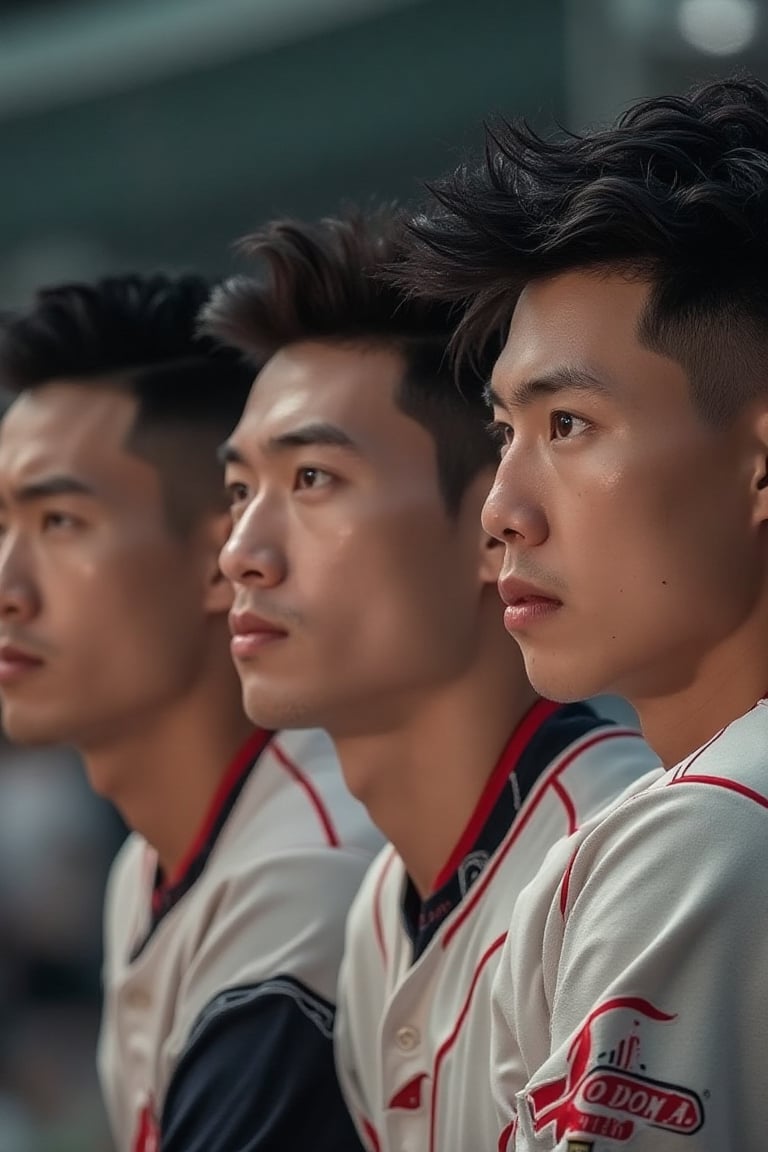 three 29-year-old super handsome Korean baseball players, double eyelids, undercut hair style, tall, muscular, manly, charming, the IMAX-quality camera capturing every photorealistic detail of their chiseled features. Dramatic lighting casts deep shadows across their strong jawlines and intense expressions, highlighting the bold masculine faces and luscious red lips, chests, arms, their muscular builds are evident. The background features a stadium.