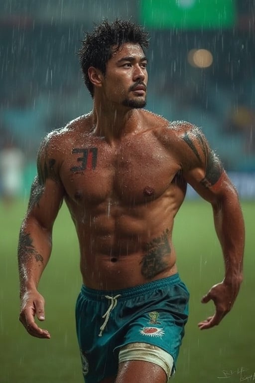 score_9, score_8_up,score_7_up, score_6_up, ultra realistic, 64K, ultra realistic photo of scruffy college male rugby player on rugby field, (Korean handsome man), charming, strong jawline, luscious lips, muscular, toned arms, 64k hdr, sharp focus, highly detailed, heavy rain, (close-up:1.2)