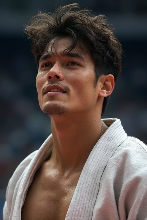 score_9, score_8_up,score_7_up, score_6_up, ultra realistic, 64K, ultra realistic photo of a 20-year-old Japan judoka player at the judo venue, Wearing judo uniform. happy for victor, Clothes is pulled apart, exposing chest and abdominal muscles. Sweat a lot, There is a lot of sweat on the face,
(Japan handsome man), muscular, tall, charming, strong jawline, luscious lips, muscular, toned arms, 64k hdr, sharp focus, highly detailed, (close-up:1.2)