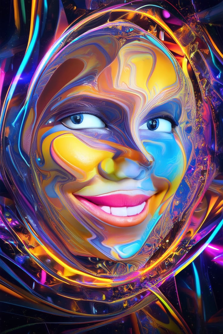 Vibrant 3D rendering of a smiling face with swirling colors and geometric shapes radiating from each feature: bright blue eyes, orange eyebrows, pink nose, and yellow lips. The subject's face is surrounded by a kaleidoscope of hues, blending seamlessly into a futuristic background filled with neon lights and digital patterns.