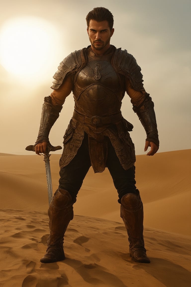 A legendary figure from a bygone era steps into the golden light of a sun-drenched afternoon. Framed against a warm, sandy dune, this iconic hero is posed in a powerful stance, one hand grasping the hilt of a gleaming sword. The camera captures the rugged texture of their worn leather armor and the determined glint in their eye as they gaze out upon a limitless horizon.