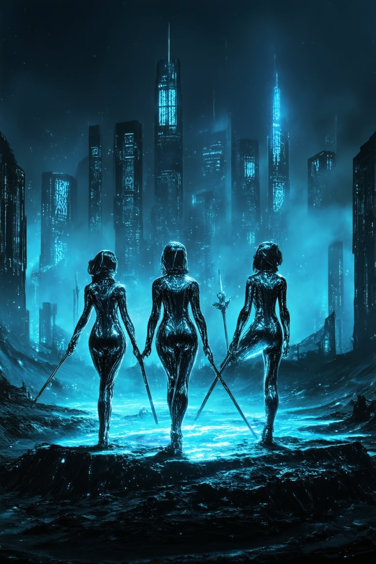 A futuristic landscape with neon-lit cityscapes in the background, a group of three space girls dressed in sleek silver jumpsuits and holding glowing staffs, standing heroically on the edge of a crater-like formation, with a sprawling metropolis visible through the smoky haze, bold colors and sharp contrasts capturing their intergalactic adventure.