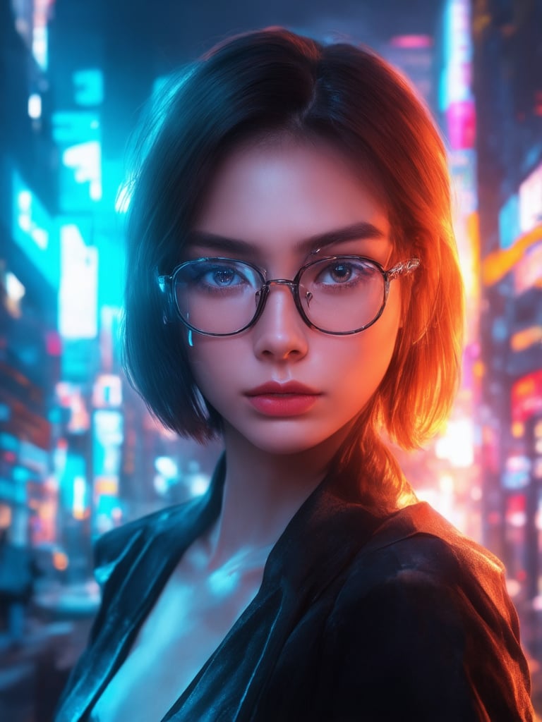 In a neon-lit cyberpunk cityscape, a captivating girl with clear glasses and an intricate cybernetic implant adorns the frame. Her golden ratio-compliant features are rendered in stunning 32K UHD detail, as if plucked from a fantasy world. Amidst the decadent backdrop, she poses with poise, her smooth skin and sharp focus giving way to detailed eyes that seem to sparkle like diamonds. The artwork masterfully blends light leaks, subsurface scattering, and rim lighting, casting a warm glow on her face and deep into the vibrant complementary colors of the cityscape.