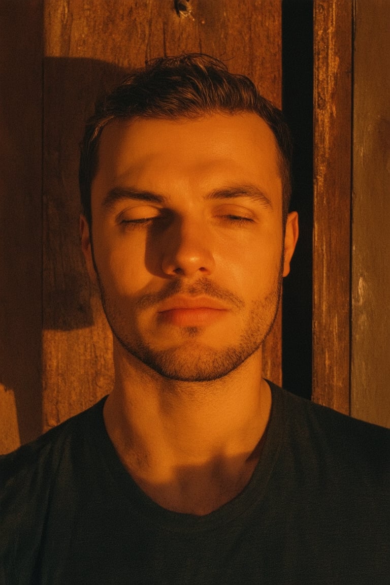 A close-up shot of Jero's face, with a hint of warm sunlight casting a gentle glow on his features. His eyes are cast downward, a contemplative expression etched on his face as he stands in front of a rustic wooden door with rusty hinges and a weathered doormat. The camera frames the scene to emphasize the texture of the wood and the subtle play of light.