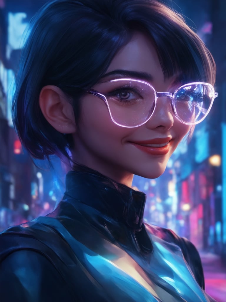 A cyberpunk girl with a radiant smile, wearing clear neon glasses that illuminate her features. Golden ratio details harmonize in the intricate design of her outfit, set against a decadent backdrop of neon-lit cityscapes. In 32K UHD, every detail shines: smooth, sharp focus on her captivating eyes and face. Lighting and shading dance across her skin, with subtle light leaks and subsurface scattering. Rim light enhances her profile, as vibrant complementary colors pop in the deep background. Art by artgerm, loish, or wlop - a true masterpiece.