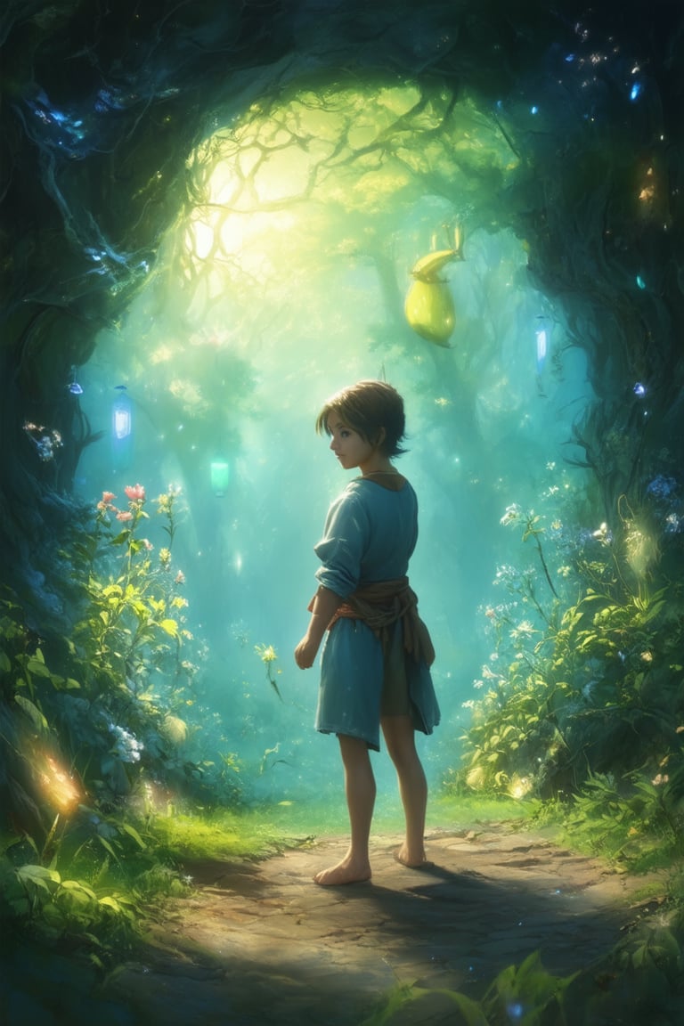 A mystical forest glows with an ethereal light as a young adventurer stands poised at the edge of a glowing portal, surrounded by whimsical creatures and ancient trees. The air is filled with the sweet scent of blooming flowers, and the sound of gentle chimes echoes through the atmosphere. Softly lit mist swirls around the protagonist's feet, hinting at the magical journey that awaits.