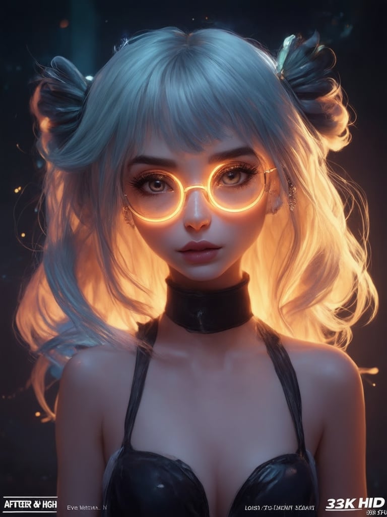 A mesmerizing cyberpunk girl stands out against a dark, neon-lit backdrop, her piercing gaze illuminated by subtle rim lighting. Clear, glowing glasses adorn her face, surrounded by intricate, golden-ratio details that pop against the moody atmosphere. Her decadent, highly detailed features are rendered with utmost precision in 32K UHD, as if plucked from a fantasy realm. The ever-after high world unfolds behind her, where artgerm's smooth lines meet Loish's whimsical charm, and Wlop's mastery of light leaks and subsurface scattering creates an heartwarming, uplifting masterpiece.