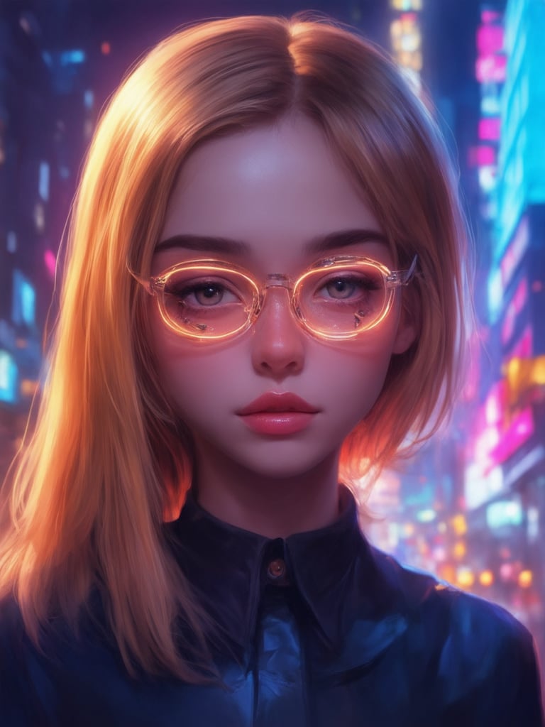 In a neon-drenched cyberpunk cityscape, a captivating girl wears clear glasses that glow with an otherworldly intensity. Her golden-ratio features are meticulously detailed in 32k UHD digital painting, reminiscent of fantasy worlds like Ever After High. With intricate, decadent designs and smooth shading, her face shines like a masterpiece. Rim light highlights her sharp focus eyes, surrounded by vibrant complementary colors that pop against the deep background. Soft light leaks and subsurface scattering create a warm glow, as if kissed by the city's futuristic magic.