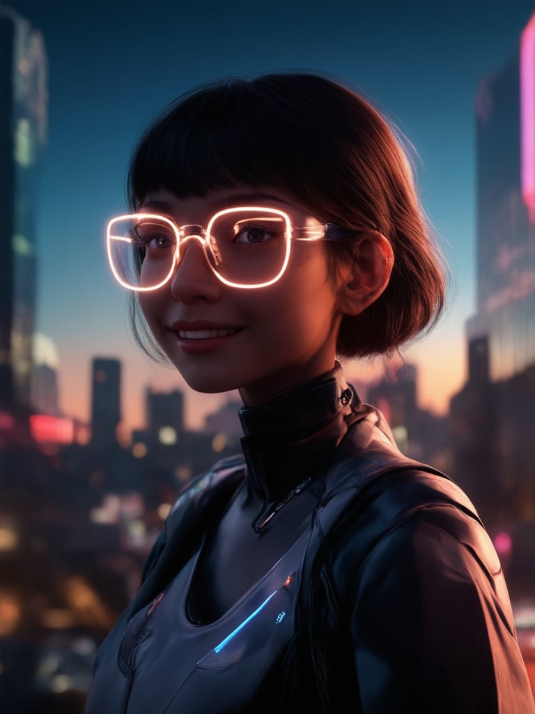 A futuristic cyberpunk girl donning clear neon glasses stands amidst a vibrant cityscape at dusk. Golden ratio details adorn her attire as she gazes out into the distance. In 32k UHD, intricate cityscapes unfurl in the background, featuring octane render's signature smoothness and sharp focus. The subject's face is rendered with Loish-like attention to detail, with detailed eyes and a charming smile. Artgerm-esque lighting illuminates her features, complete with subtle light leaks, subsurface scattering, and rim lighting that creates a beautiful contrast with the deep background. A masterpiece of fantasy and cyberpunk fusion.