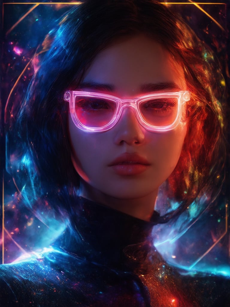 A captivating cyberpunk girl, wearing clear neon glasses that radiate a mesmerizing glow. Framed by the golden ratio's harmonious balance, she stands amidst a vibrant backdrop of intricate, decadent details. In stunning 32k UHD, her face is a masterpiece of detailed eyes and facial features, illuminated by beautiful lighting and shading. Rim light accentuates her cyberpunk attire, as subsurface scattering infuses her skin with warmth. Light leaks create a dreamy atmosphere, transporting the viewer to a fantasy world.