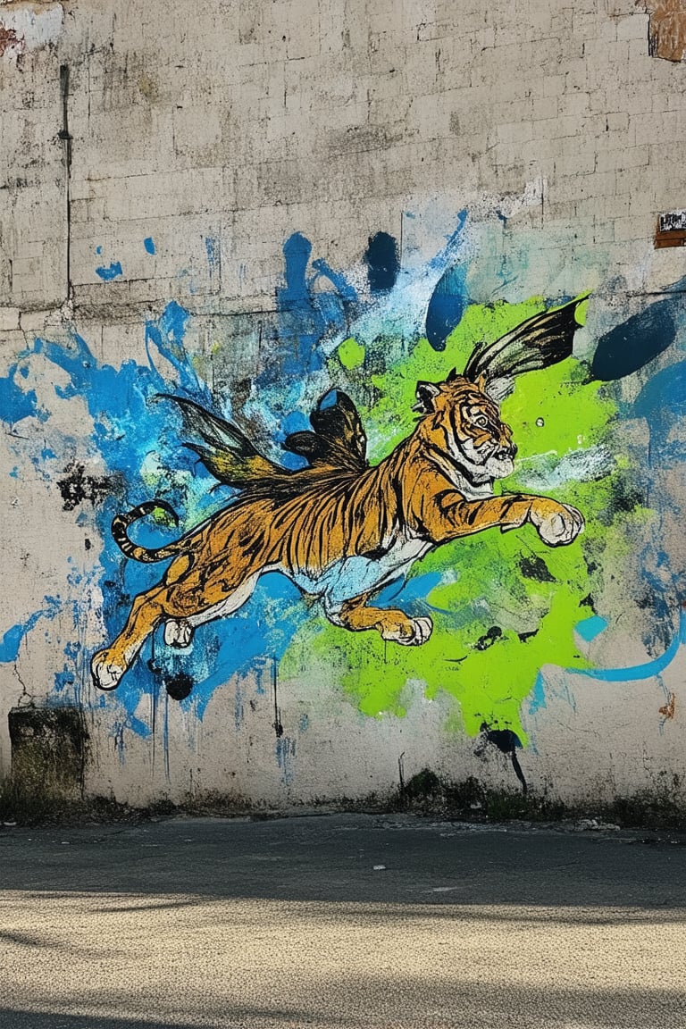 A vibrant graffiti mural by a street artist, Kun, set against a worn brick wall with faded cracks and crevices. The bold strokes of Kun's artwork burst forth in shades of electric blue and neon green, splattered across the surface like an urban butterfly's wings. A stylized figure of a tiger or dragon seems to leap off the wall, surrounded by swirling patterns and abstract shapes, as if ready to pounce into the city streets.