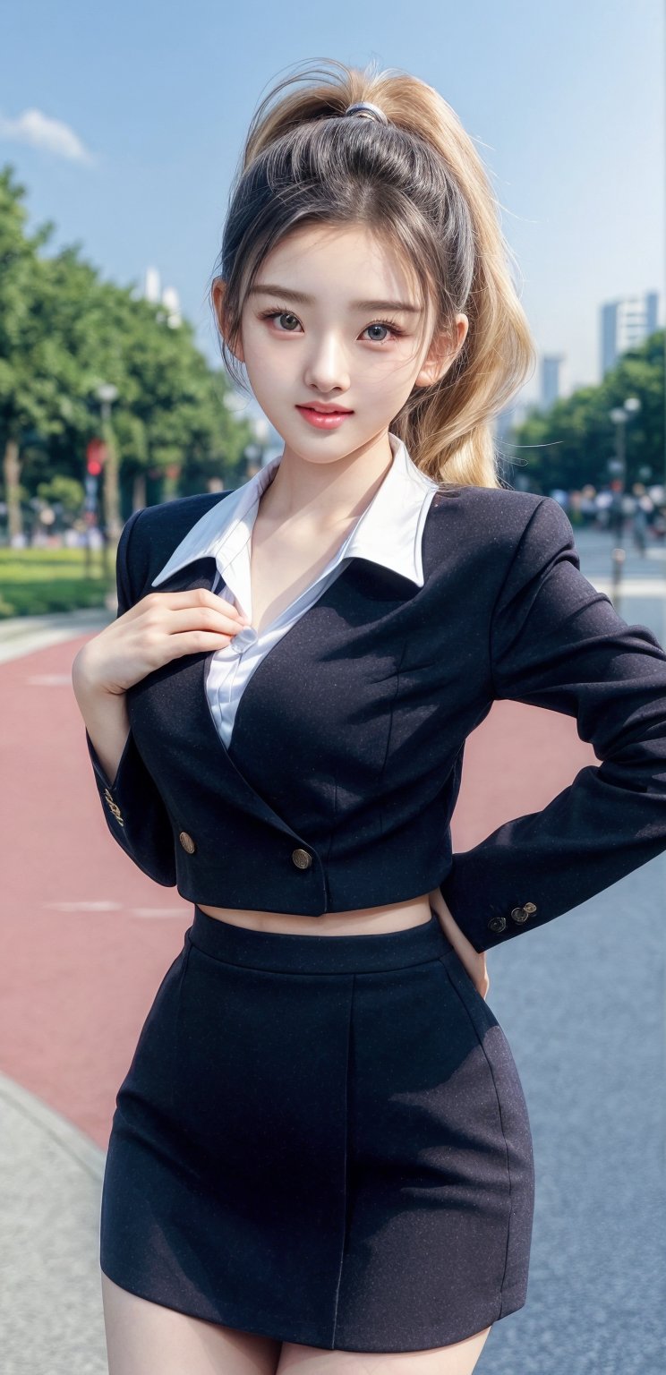 ((32k Super Ultra HDR),(Canon EOS, SIGMA Art lens 105mm F1.5, ISO 2000 Shutter speed 2000, Sharpness),(Realistic: 1.3),(Ultra high detail: 1.3) (Blonde ponytail),(Model full body),(Pencil miniskirt),(Black strappy high heels Realistic, Detail),(D-CUP bust),(Center, Eye contact, Facial detail),(Masterpiece, Realistic, Realistic)) Released RAW (((Full body)) image shows a young female K-pop idol from South Korea. She is wearing a schoolgirl double-breasted uniform, office work,(black blazer, white collared shirt, black pencil miniskirt). Her blonde hair is tied back in a ponytail, adding texture to her face.
--------------------------------------------------------------------------------------------------------------->
The background is a bright amusement park at noon. She is standing and posing in a (((Full body))) model pose. A subtle smile appears on her face. (smiling expression), The modern school uniform of blazer and pencil miniskirt (((black strap high heels realistic detail))) suggests that this outfit is appropriate or trendy. The uniform design consists of a pleated miniskirt and a blazer with double buttons on the front, creating a formal style. The accessories, (((Chanel))) purse, add a young and sophisticated feel to her outfit. Mikasa is striking a dizzying pose (((full body))) , (((black strap high heels realistic detail))) realistic realistic, Van Cleef_necklace, (((low angle shot))),(((full body))) , officelady123,Secretary_uniform,white_shirt,black_leather_skirt,black_stockings,1 girl,solo,beauty,songzuer,Stuwardess,Stuwardess