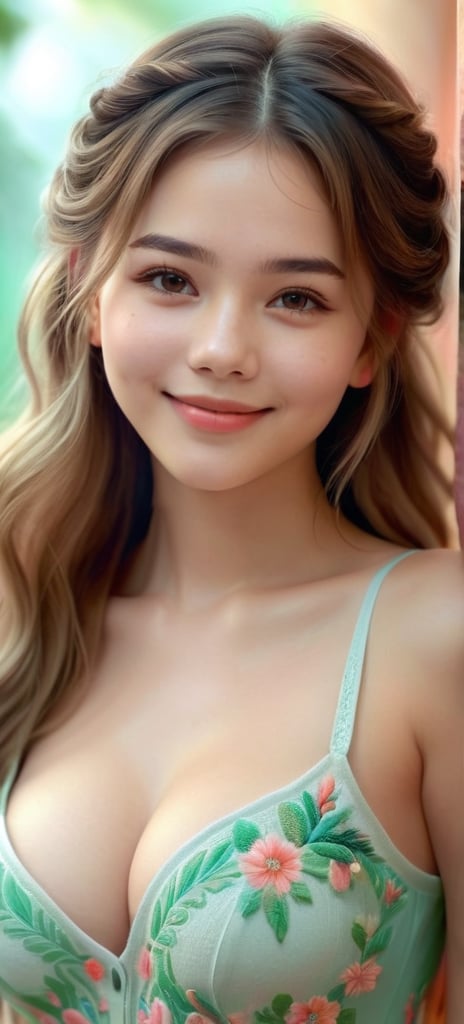 (best quality, 4K, 8K, high-resolution, masterpiece) Ultra-detailed, colorful pastel digital art of a beautiful young woman in a full body shot, layered hair style.with detailed facial features, light red and emerald tones, charming character illustrations, soft focus, intricate design, gentle expression, ethereal atmosphere, vibrant colors, delicate details, artistic elegance, high detail, high resolution.
detailed_background,Cute Face,Cute Smile,Beautiful Girl,Young Girl,Realistic Model,Sexy Body,Hot Body,Beautiful Face,Sexy Girl