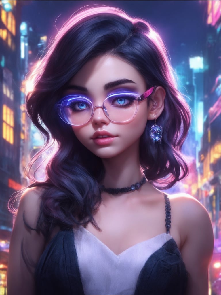 A cyberpunk girl with clear neon glasses stands confidently, framed by a cityscape at golden ratio. In UHD detail, her intricate features shine with smooth, sharp focus. Eyes sparkle like gemstones, set against a decadent, highly detailed backdrop of Octane Render's vibrant complementary colors. Light leaks and subsurface scattering create a heartwarming, uplifting ambiance, as rim light accentuates her features. Artgerm-esque illustration radiates charm, amidst a fantasy world of ever after high.