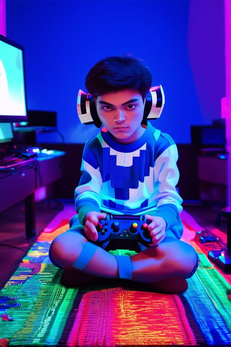 A young gamer, dressed in a vibrant blue and white pixelated onesie, sits crossed-legged on a colorful rug surrounded by video game consoles and controllers. The room is dimly lit with neon-lit computer screens casting an electric glow. The gamer's eyes are fixed intently on the screen as they grasp their trusty controller, ready to conquer the next level.