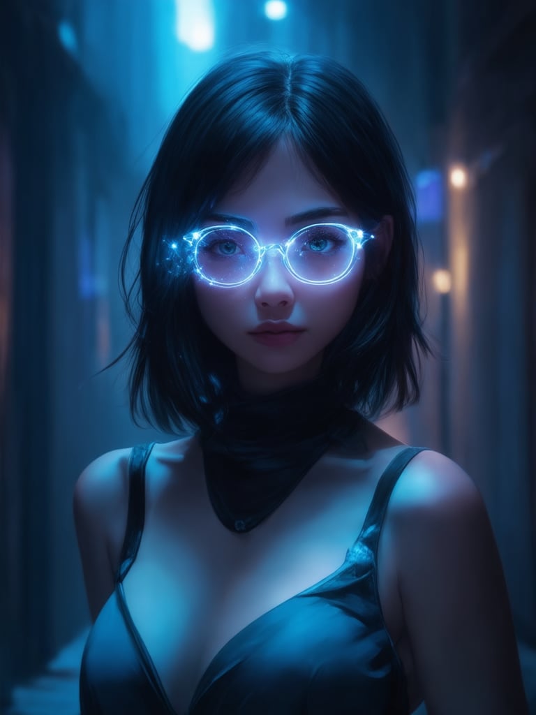 A cyberpunk girl stands majestically in a dimly lit alleyway, her clear neon glasses glowing like tiny stars. Framed by the golden ratio's harmonious proportions, she exudes an air of intricate decadence. In 32k UHD, every detail is painstakingly rendered: smooth skin, sharp focus on her captivating eyes and face, and vibrant colors that pop against the deep background. Soft light leaks and subsurface scattering create a warm ambiance, while rim lighting adds depth to her features. A masterpiece of digital painting, reminiscent of Artgerm's and Loish's signature styles.