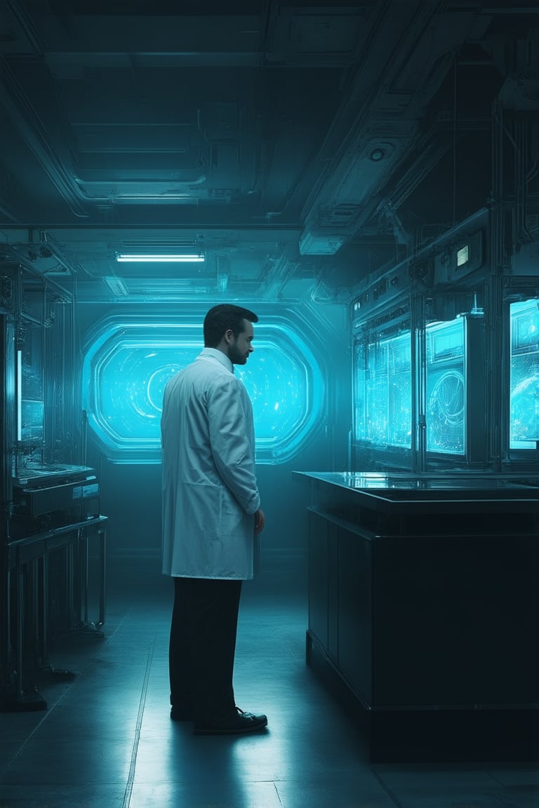 A dimly lit, futuristic laboratory setting with a lone scientist standing in front of a sleek, black console. The air is thick with an otherworldly energy as they stare intensely at the glowing screens, surrounded by humming machinery and flickering fluorescent lights. A faint, blue haze permeates the atmosphere, casting an eerie glow on their determined face.