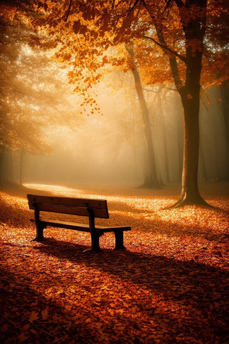 A warm-toned autumn scene: a rustic wooden bench stands alone on a misty forest floor, surrounded by a tapestry of golden leaves and crimson underbrush. The sunlight filters through the canopy above, casting dappled shadows across the rustling foliage. A single oak leaf drifts gently to the ground, as if beckoning the viewer to sit and stay awhile.