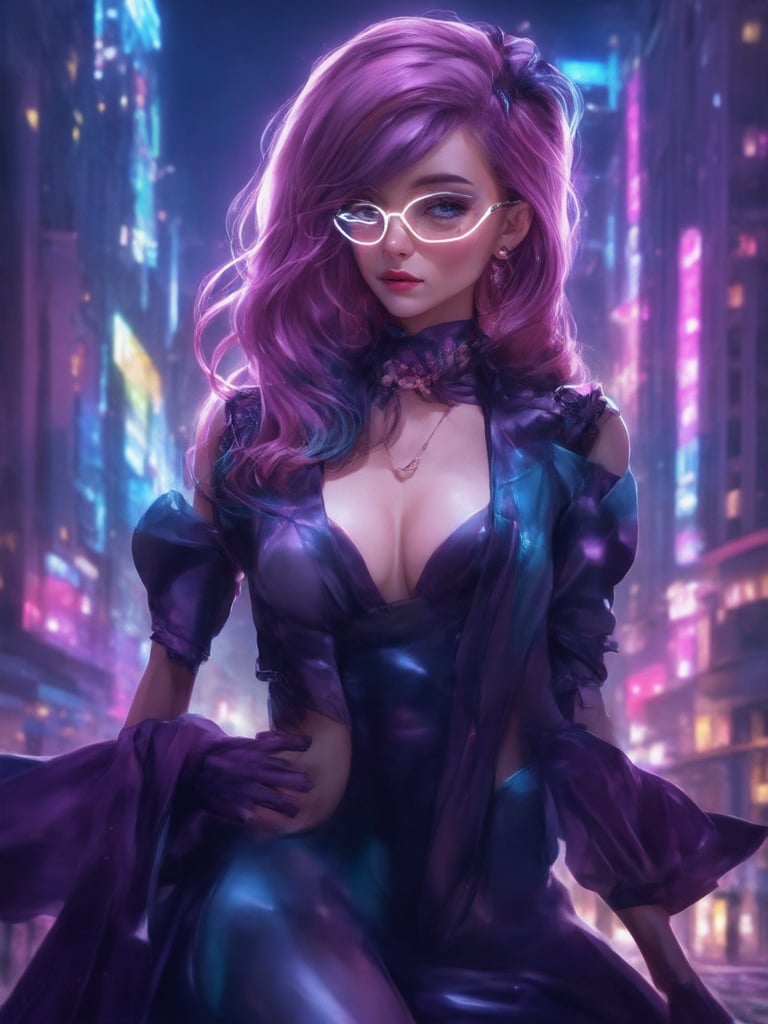 A cyberpunk beauty with clear neon glasses shines bright in a mystical cityscape. Golden ratio details adorn her intricate costume as she poses confidently amidst the neon-lit skyscrapers. The smooth digital painting features sharp focus, detailed eyes, and a highest quality illustration of this ever after high fantasy world. Artgerm's style is reminiscent of Loish and Wlop's work. Heartwarming and uplifting, this charming concept art radiates with vibrant complementary colors, subtle light leaks, and beautiful rim lighting.