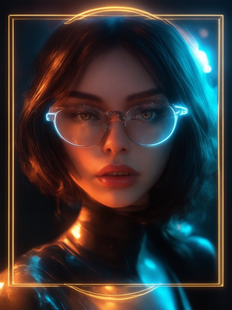 A cyberpunk maiden with clear neon glasses shines bright in a golden ratio-framed composition. Her intricate features are showcased in 32K UHD glory, as she poses amidst decadent fantasy surroundings. Soft light leaks and subsurface scattering illuminate her face, while rim lighting accentuates the sharp focus on her eyes. A beautiful, deep background and vibrant complementary colors complete this heartwarming, uplifting, charming masterpiece.