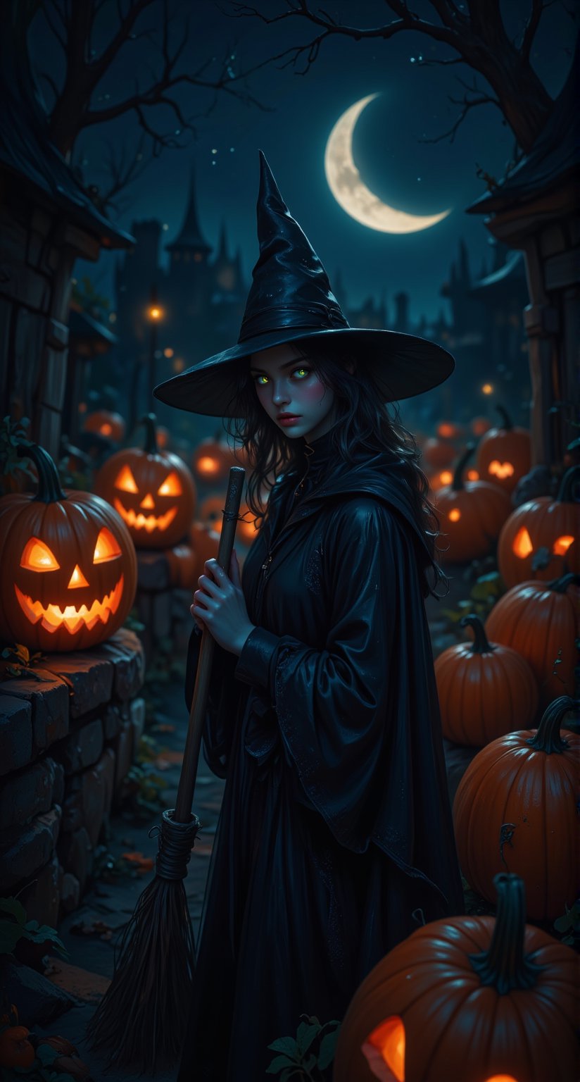 A spooky Halloween night setting with a crescent moon hanging low in the dark blue sky. A witch stands in front of a giant pumpkin patch, donning a black cape and pointy hat, her broom leaning against a stone wall. The witch's face is pale and mysterious, with piercing green eyes gleaming in the flickering jack-o-lantern light.