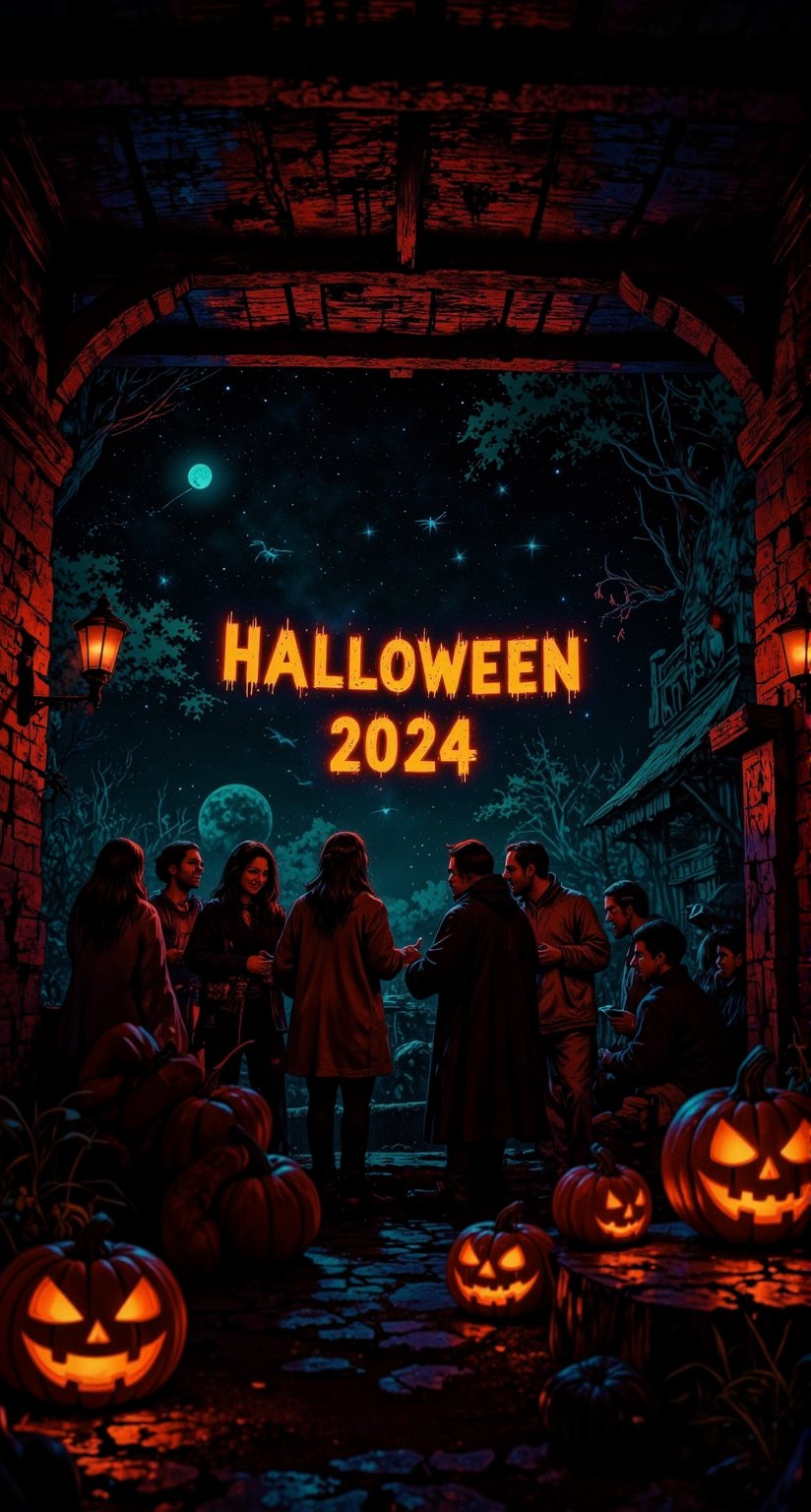 A spooky Halloween party unfolds before us. The camera captures a dimly lit interior, adorned with intricate cobweb patterns and an assortment of jack-o'-lanterns, their glowing eyes casting an eerie ambiance. In the foreground, a crowd of revelers donning creative costumes mingle and laugh, as the words Halloween 2024 emblazoned on the wall serve as a nostalgic reminder of this bewitching evening.