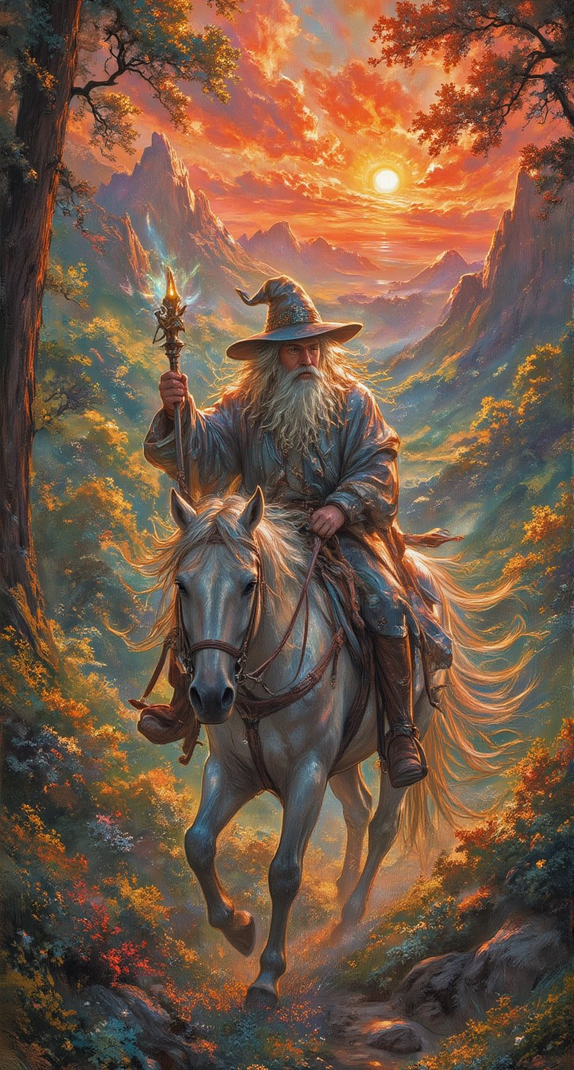 A majestic landscape of rolling green hills and ancient forests unfolds as Gandalf the Grey, resplendent in his flowing grey robes and wispy beard, rides his horse towards a fiery sunset. The wizard's staff shines with an otherworldly glow, illuminating the path ahead. In the distance, the misty mountains rise like giants.