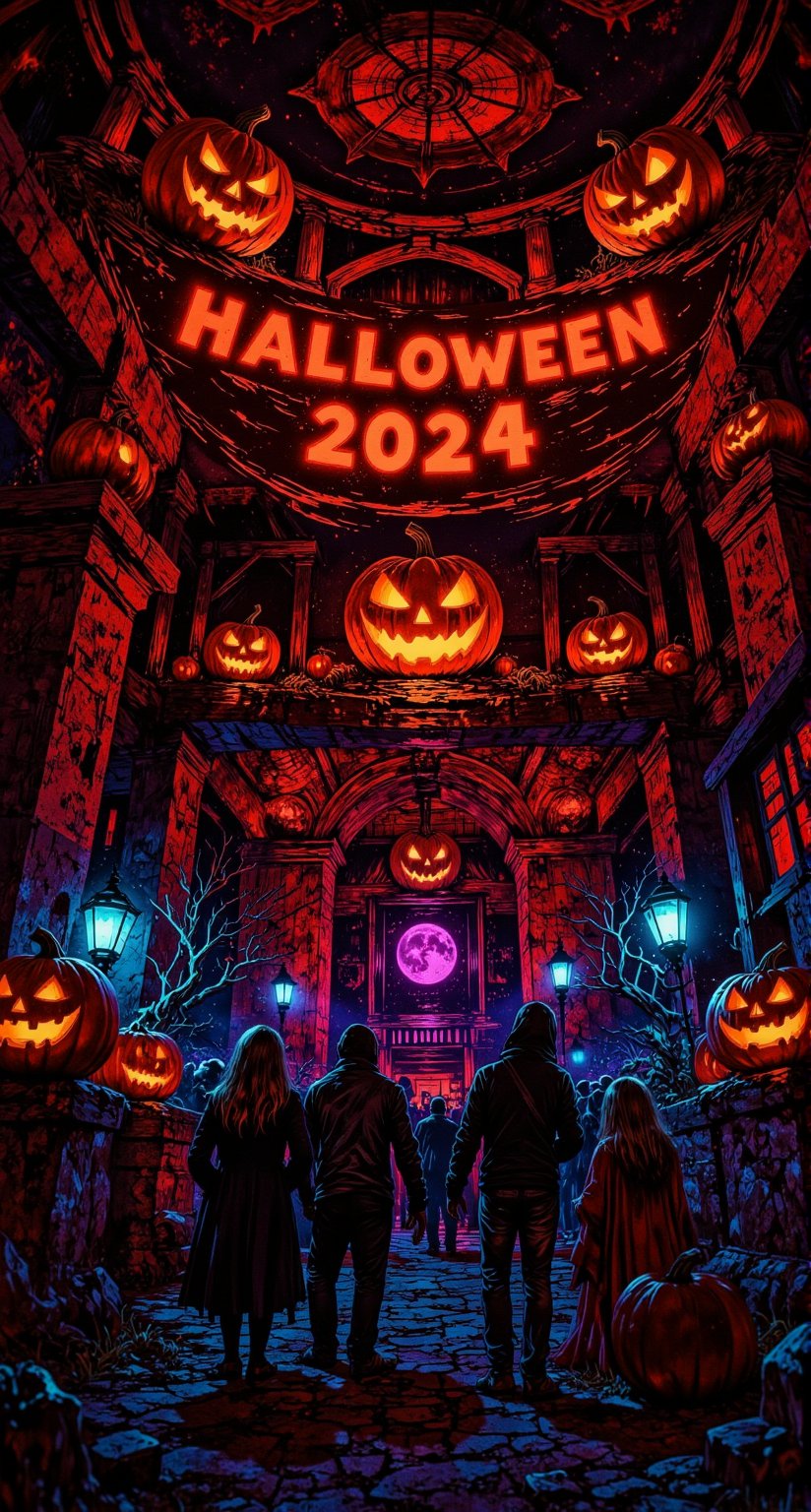 A spooky Halloween party unfolds before us. The camera captures a dimly lit interior, adorned with intricate cobweb patterns and an assortment of jack-o'-lanterns, their glowing eyes casting an eerie ambiance. In the foreground, a crowd of revelers donning creative costumes mingle and laugh, as the words Halloween 2024 emblazoned on the wall serve as a nostalgic reminder of this bewitching evening.