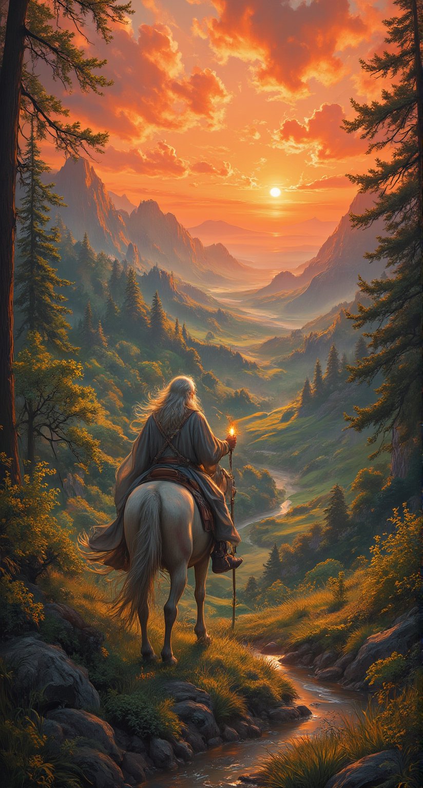 A majestic landscape of rolling green hills and ancient forests unfolds as Gandalf the Grey, resplendent in his flowing grey robes and wispy beard, rides his horse towards a fiery sunset. The wizard's staff shines with an otherworldly glow, illuminating the path ahead. In the distance, the misty mountains rise like giants.