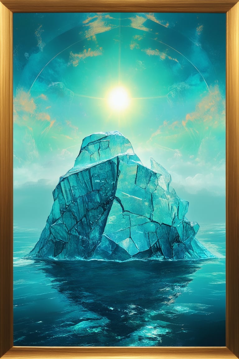 Deep within a mystical realm, a shimmering iceberg floats serenely amidst a kaleidoscope of iridescent colors, its crystalline structure glistening with an ethereal glow. Framed against a dreamy blue-green horizon, the iceberg's majestic form is bathed in warm golden light, as if kissed by the soft rays of a mythical sun.