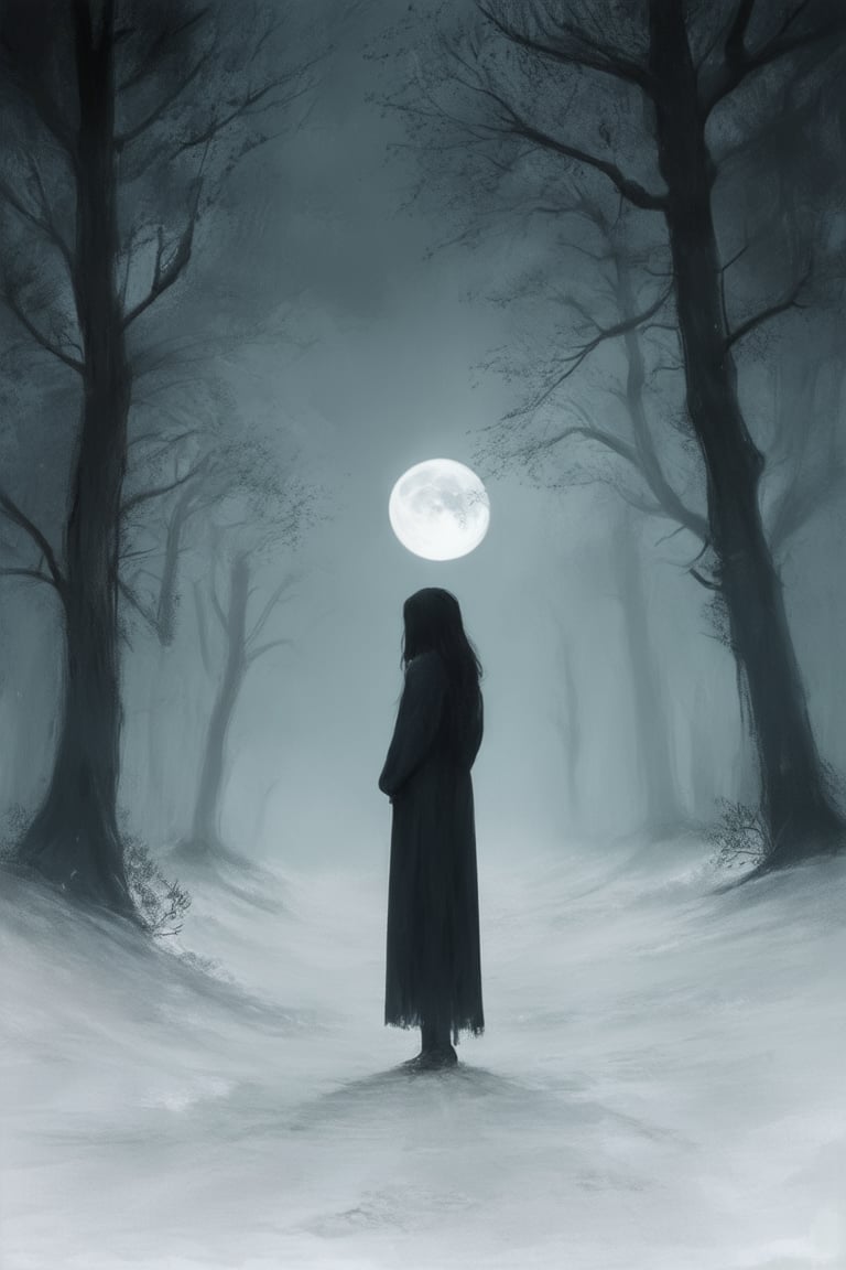 A hauntingly beautiful image: a lone figure stands at the edge of a dense forest, shrouded in darkness. The moon casts an eerie glow, illuminating only the subject's pale skin and dark hair, while the trees behind remain impenetrable silhouettes. The air is heavy with mist, adding to the sense of mystery and foreboding.