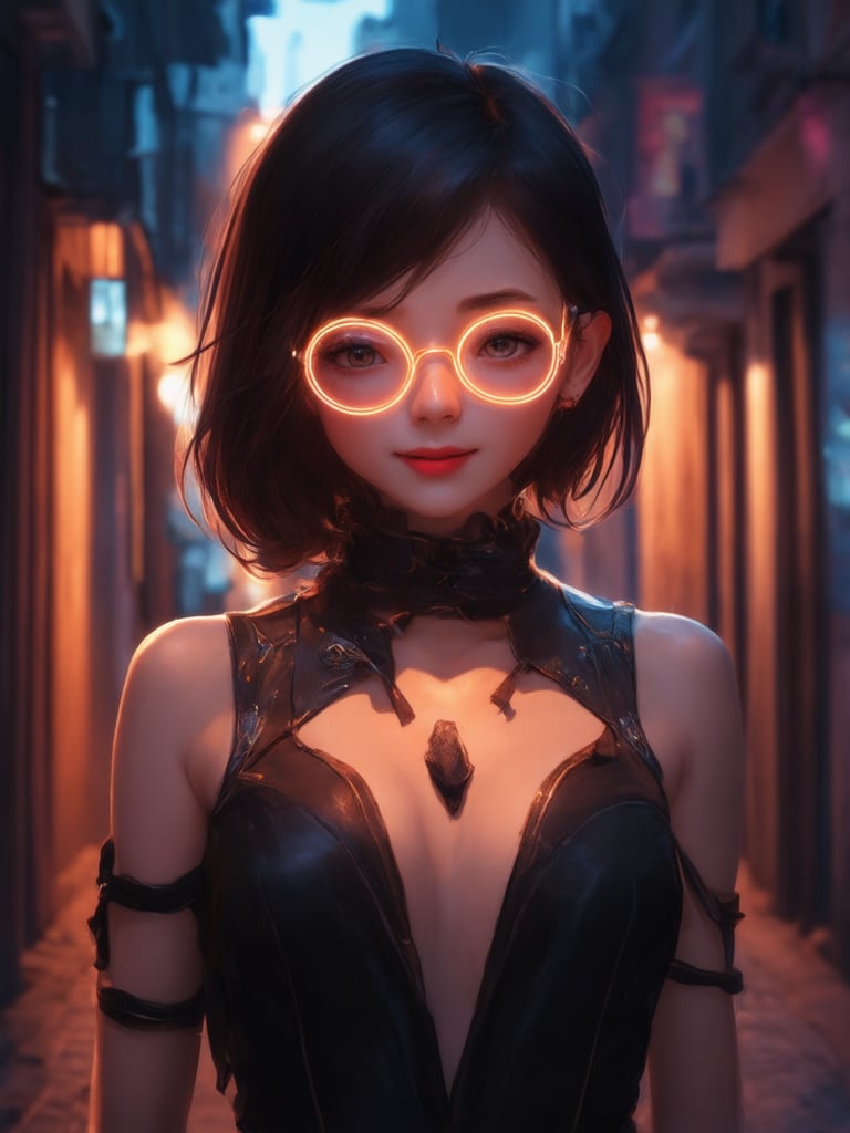 A cyberpunk girl with clear neon glasses stands out in a dimly lit alleyway, bathed in warm rim light that highlights her intricate, decadent attire. The golden ratio is maintained through the composition, drawing the viewer's eye to her charming smile. In 32k UHD, every detail shines: smooth skin, sharp focus on her eyes and face, and a deep background with vibrant complementary colors. Subsurface scattering adds depth to her skin, while light leaks create a sense of atmosphere. Art by Artgerm, Loish, or Wlop.