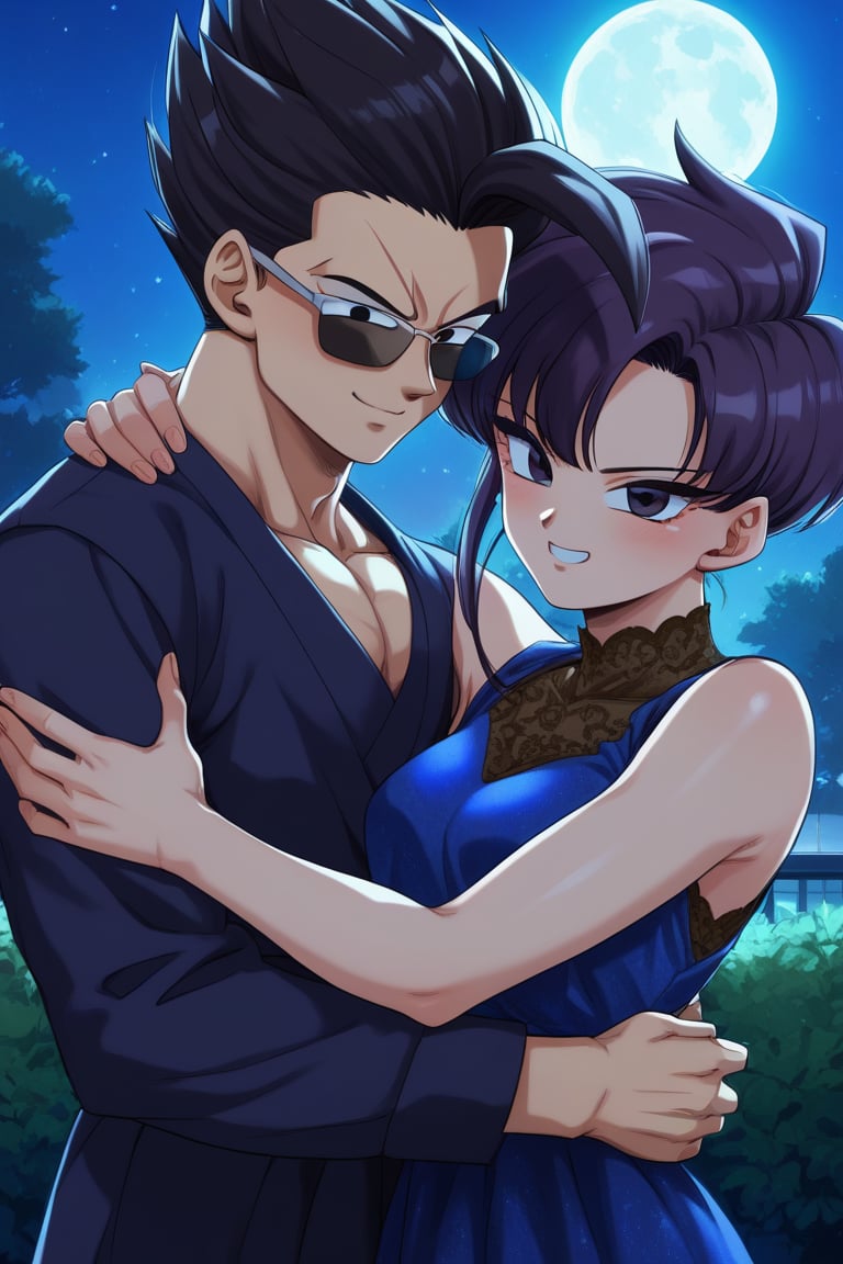 Man and woman hugging. Man black glasses, black glasses, scar left eye, scar left eye, mark on left eye, serious look, penetrating look, dark iris, black iris, black hair, short hair, spiky hair, standing locks, irregular tips, jet black hair, long lock hair, jet black hair, black t-shirt, sleeveless t-shirt, smile, arrogant smile. sayan, future, score_7_up, score_8_up, score_9, gohan_ultimate, gohan, black eyes, black clothes, glasses, hug, spiky hair, long sleeves, long sleeves, Woman smiling happily, purple eyes, sweet and cheerful expression, long straight hair, very dark purple hair, sleeveless dress, sleeveless dress, navy blue dress, dress with gold details, dress with gold details, gold lace dress, gold lace dress, dress with cut in the chest, dress with cut in the chest, bare chest, bare chest, dress with cut in the chest, bare chest. Background: clear night, park, lights, bushes, full moon, shouko komi, blue clothes, source_anime, score_7_up, score_8_up, score_9, gohan_ultimate, komi shouko, hug,