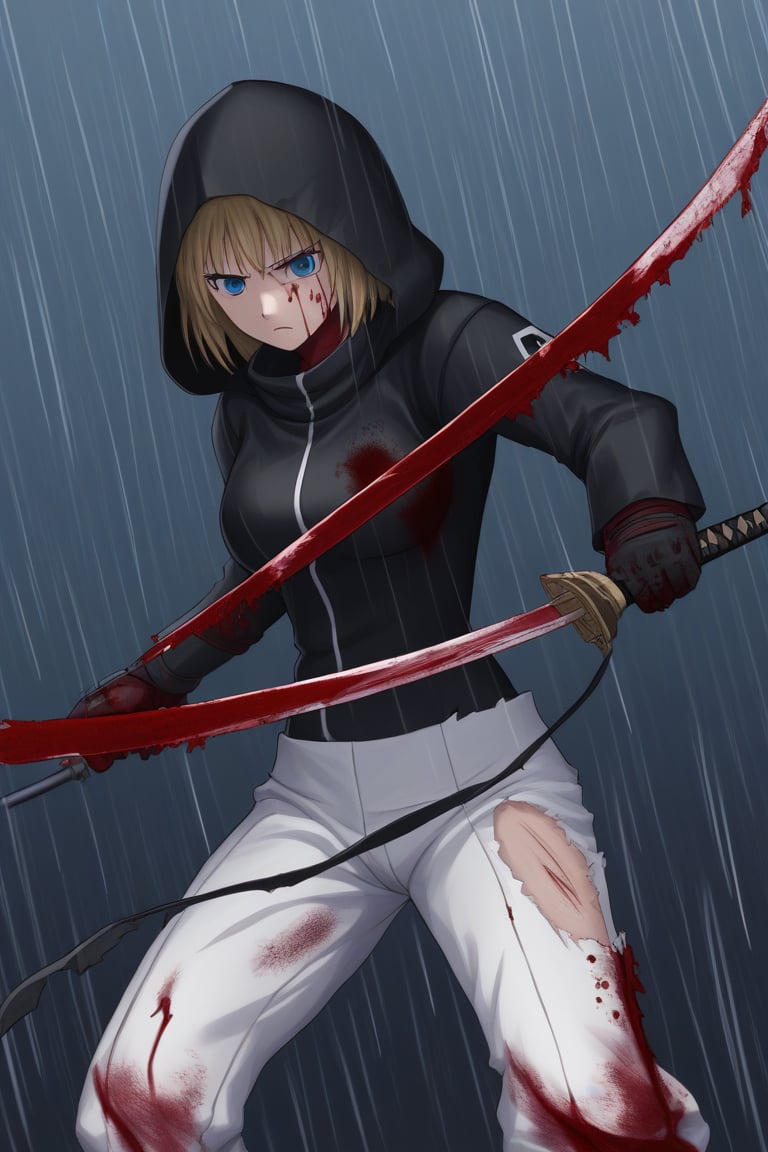 ((masterpiece, best quality)), woman, blue eyes, dark blonde hair, black hood, samurai suit, white pants, suit with red details, black color, torn suit, bloody suit, sword, wounds, wounds all over the body, blood, serious, in a night background, rain, thunder, anime composition