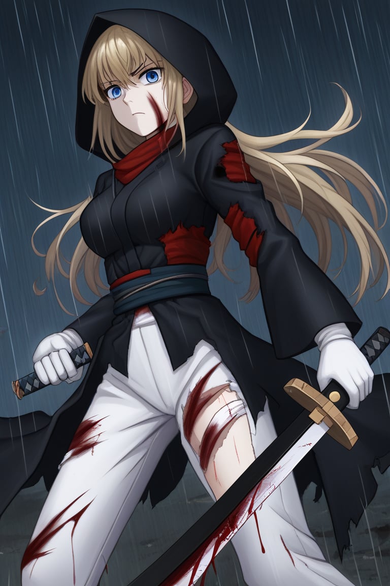 ((masterpiece, best quality)), woman, blue eyes, dark blonde hair, long hair, black hood, samurai suit, white pants, long white gloves, suit with red reliefs, black suit, torn suit, bloody suit, sword with discs on the handle, wounds, wounds all over the body, blood, serious, in a night background, rain, thunder, anime composition
