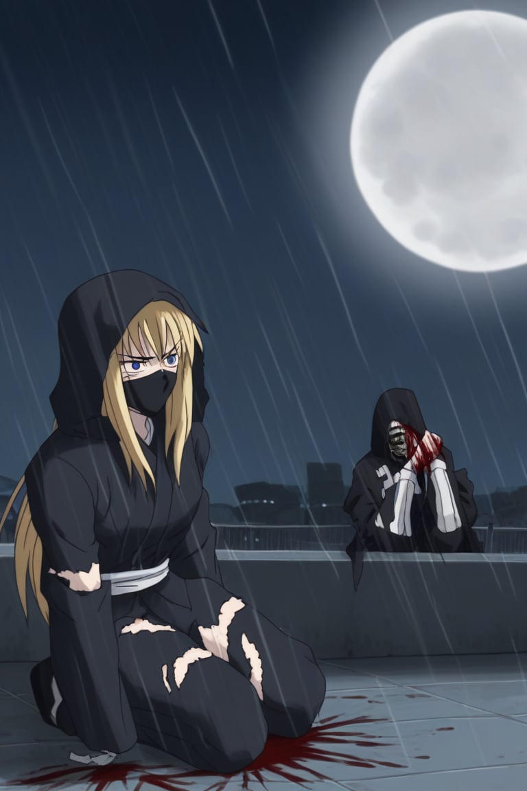 blonde woman, mature, adult, tall stature, outlined eyes, fine features, blue eyes, blue irises, straight hair, long hair, covered head, hooded head, black hood, black bandages, black mask, samurai suit, fighting suit, black samurai fighting suit, torn suit, suit with blood, katana with disc, disc, small size disc, white color with black stripes, top drawn 空, wounds, wounds all over the body, blood, torn suit, suit incomplete, pain, hurt, sitting, background, roof, night, rain, full moon,