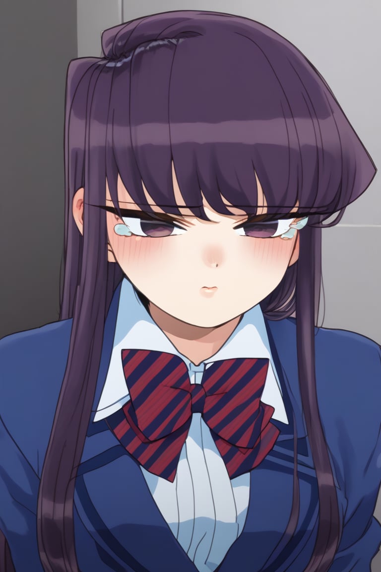 sad woman, crying, dark blue school uniform, blue uniform, purple eyes, sad and gloomy expression, long hair, straight hair, long straight hair, very dark purple hair, long haired woman, uniform, school uniform, komi_shouko, sad, tears, loneliness, sad, alone, upset, background: dark hallways, black, shadows.