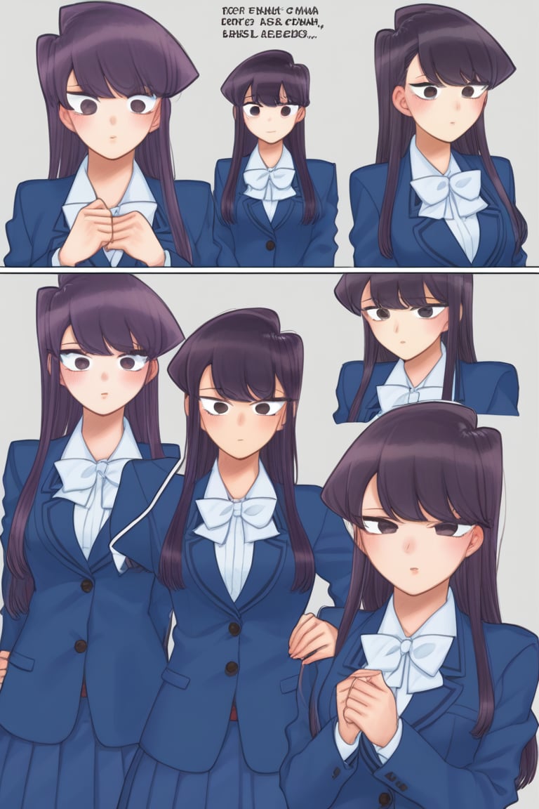 sad woman, crying, school uniform, purple eyes, sad and gloomy expression, long hair, straight hair, long straight hair, very dark purple hair, long haired woman, uniform, school uniform, komi_shouko, sad, background: molesttada, bullying, school, hallways, laughter, teasing, school hallways, people talking, people playing, ren yamai, najimi osana,