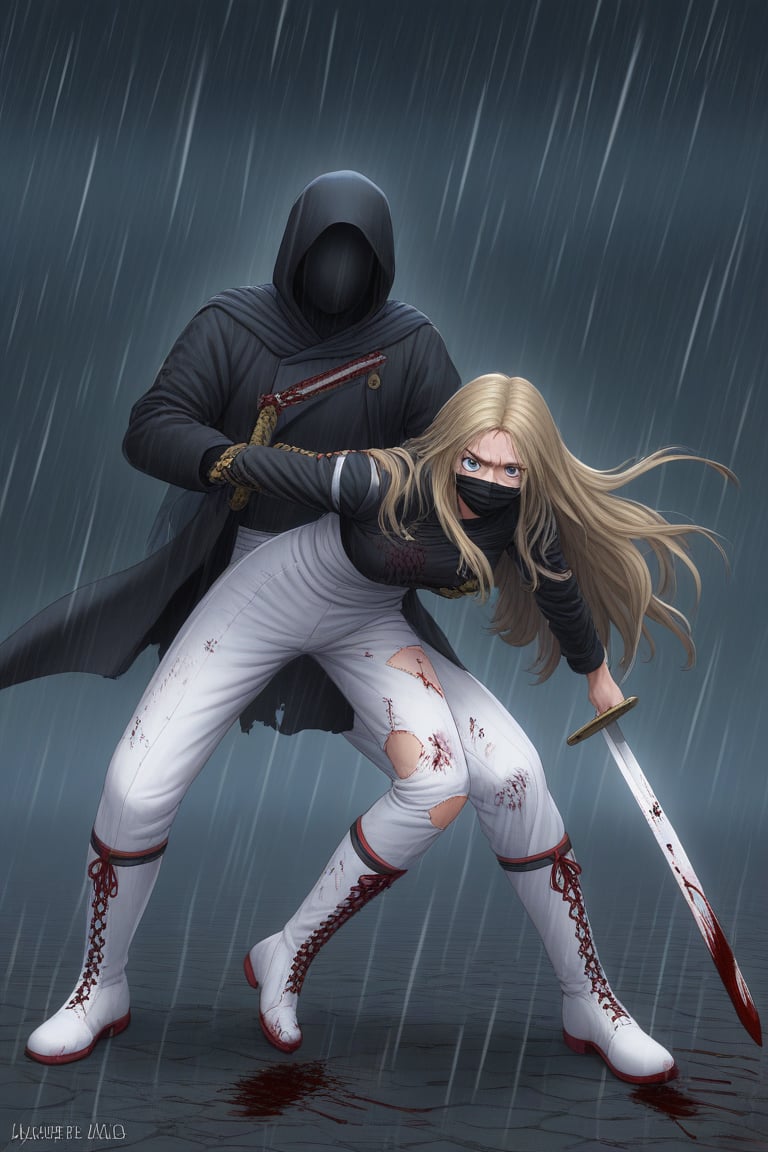 ((masterpiece, best quality)),
woman, dark blonde hair, detailed features, blue eyes, long hair, black hood, half face mask, black samurai suit, white pants, white boots with black stripes, detailed suit, red and gold reliefs, black and torn fighting suit, suit with blood, sword, wounds, wounds all over the body, blood, pain, hurt, night background, rain, thunder in the background, anime composition.