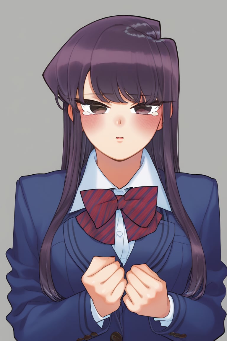 sad woman, crying, school uniform, purple eyes, sad and gloomy expression, long hair, straight hair, long straight hair, very dark purple hair, long haired woman, uniform, school uniform, komi_shouko, sad, tears, loneliness, sadness, alone, background: molested, bullying, school, hallways, laughter, teasing, tears, school hallways,