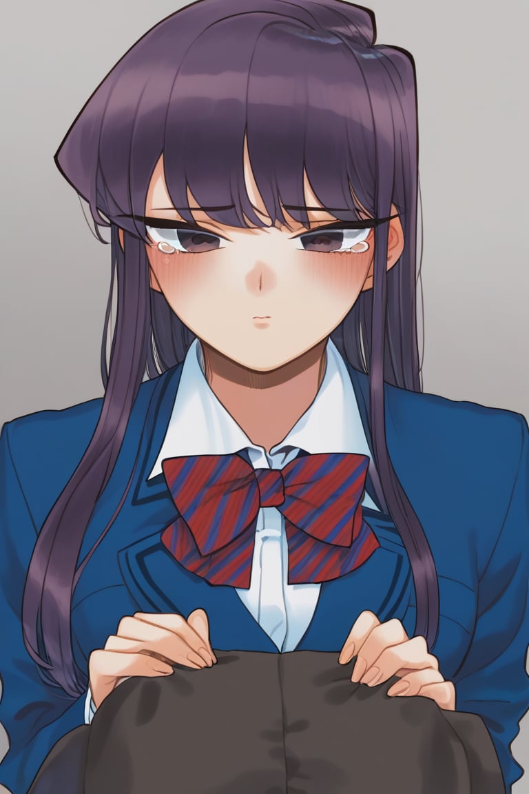 sad woman, crying, dark blue school uniform, blue uniform, purple eyes, sad and gloomy expression, long hair, straight hair, long straight hair, very dark purple hair, long haired woman, uniform, school uniform, komi_shouko, sad, tears, loneliness, sad, alone, upset, background: dark hallways, black, shadows.