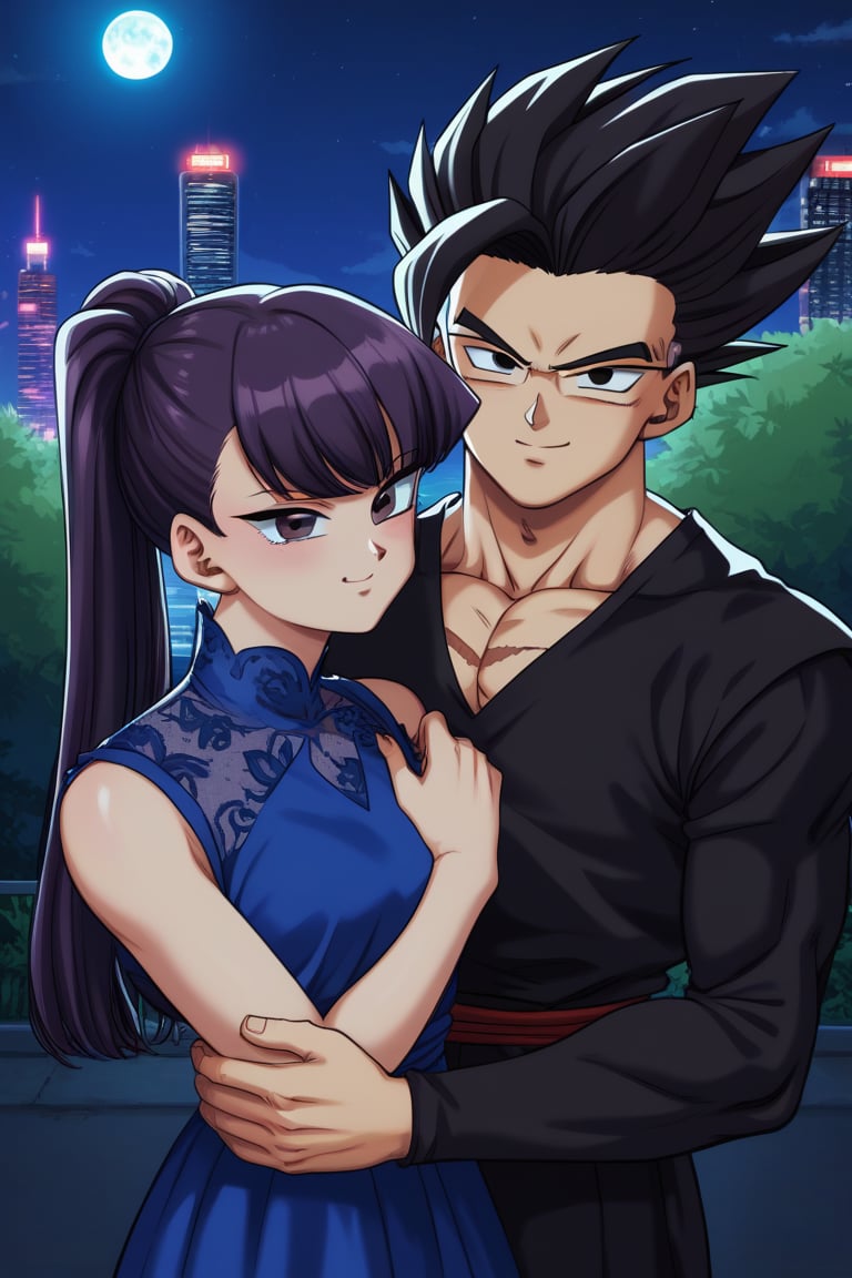 Man and woman hugging. Man with black-framed glasses, scar on left eye running along top and bottom, serious, sharp gaze, dark irises, black irises, black, short, spiky hair with locks standing up in jagged points, long, spiky jet-black hair with a long, spiky lock pointing downwards, jet-black hair, BLACK t-shirt, sideways smile.
sayan, future, score_7_up, score_8_up, score_9, gohan_ultimate,
gohan, black eyes, black clothes, glasses, hug, spiky hair, pompadour, long sleeves, Woman smiling happily, purple eyes, sweet, cheerful expression, long, straight hair, very dark purple hair, sleeveless dress, navy blue dress, dress with gold detailing, gold lace dress, dress with cut out on chest, bare chest. Background: clear night, park, lights, bushes, full moon, shouko komi, blue clothes, source_anime, score_7_up, score_8_up, score_9, gohan_ultimate, komi shouko, hug,