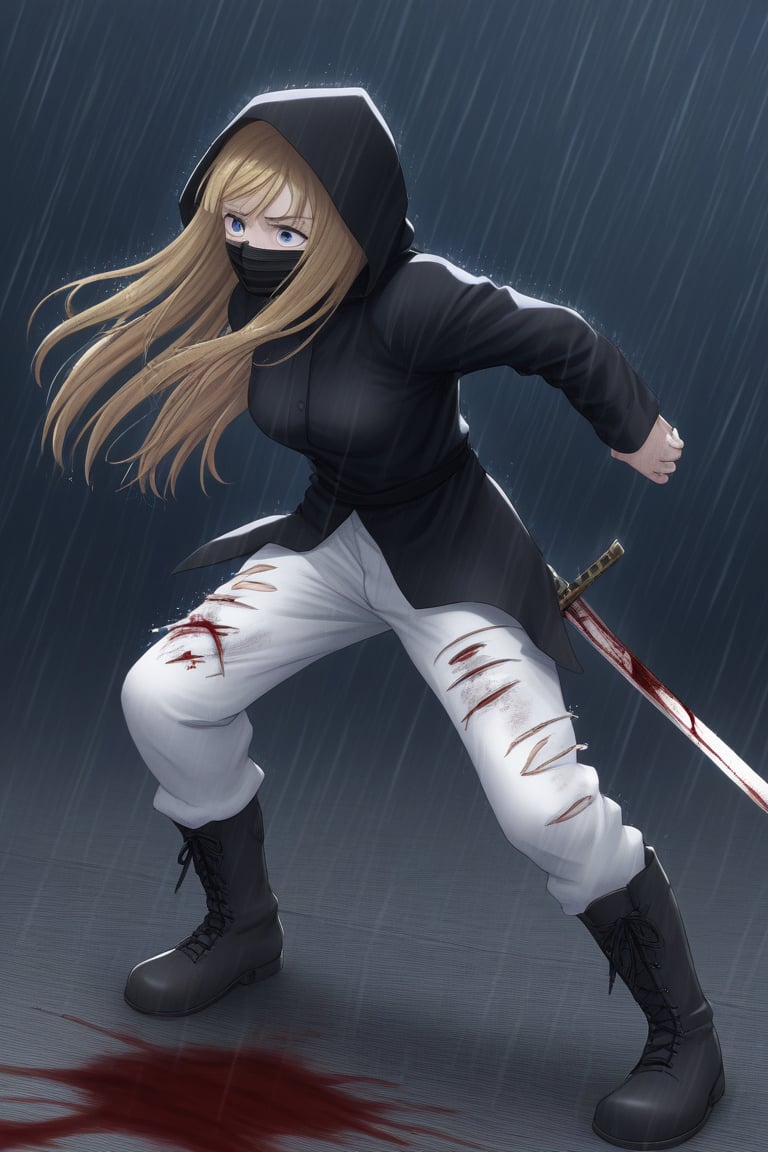 ((masterpiece, best quality)),
single woman, dark blonde hair, detailed features, blue eyes, long hair, black hood, half face mask, black samurai suit, white pants, white boots with black stripes, detailed suit, red and gold reliefs, black and torn fighting suit, suit with blood, sword, wounds, wounds all over the body, blood, pain, hurt, night background, rain, thunder in the background, anime composition.