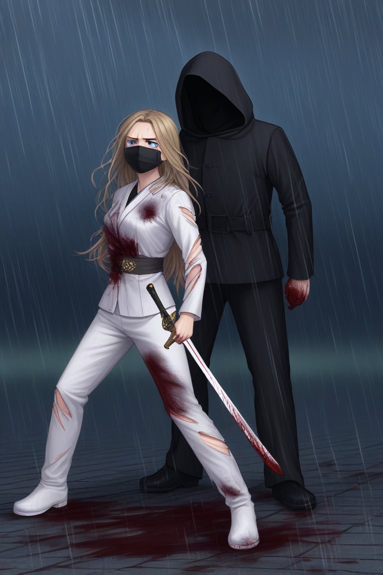 ((masterpiece, best quality)),
single woman, dark blonde hair, detailed features, blue eyes, long hair, black hood, half face mask, black samurai suit, white pants, white boots with black stripes, detailed suit, red and gold reliefs, black and torn fighting suit, suit with blood, sword, wounds, wounds all over the body, blood, pain, hurt, night background, rain, thunder in the background, anime composition.