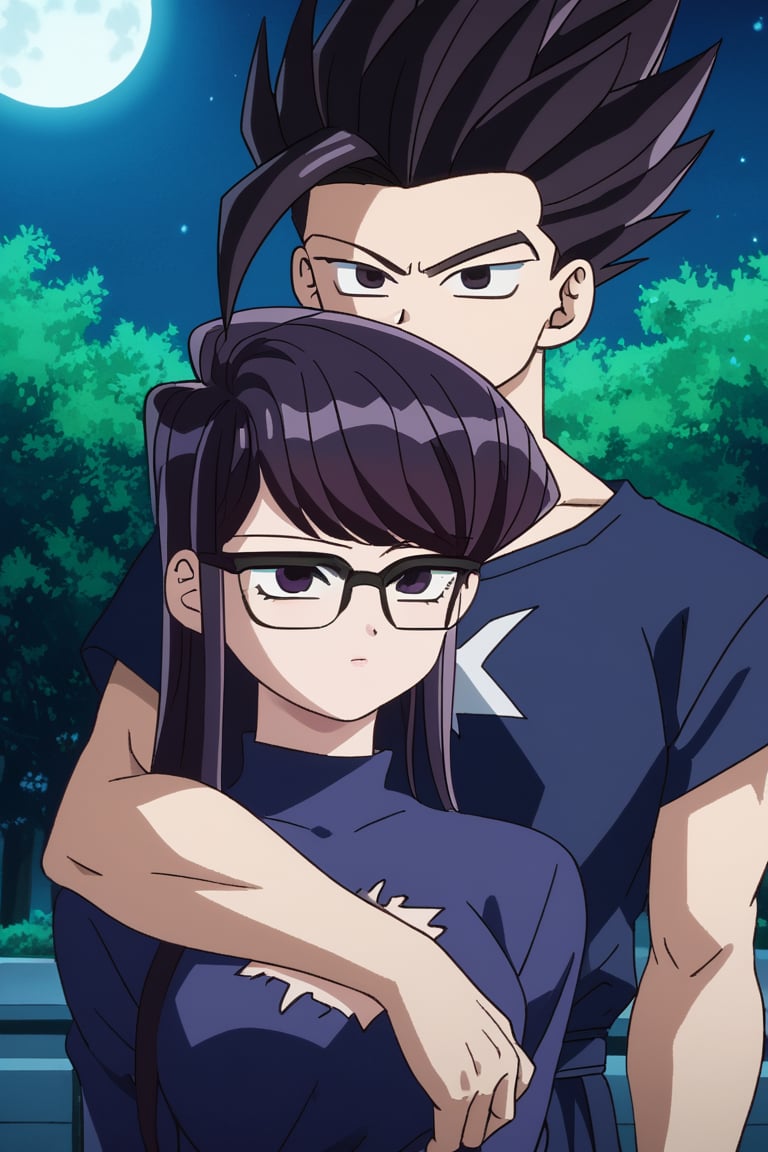 Man and woman hugging. Man wearing black-framed glasses, scar on left eye running across top and bottom, serious and sharp gaze, dark irises, black irises, long spiky jet-black hair with a long spiky lock pointing down, jet-black hair, BLACK t-shirt, half-sided smile. Woman smiling happily, purple eyes, sweet and cheerful expression, long straight hair, very dark purple hair, sleeveless dress, navy blue dress, dress with gold details, gold lace dress, dress with cutout on chest, bare chest.
background: clear night, park, lights, bushes, full moon, shouko komi, sayan, future, blue clothes, source_anime, score_7_up, score_8_up, score_9, gohan_ultimate, komi shouko, gohan, black eyes, black clothes, glasses, hug, spiky_hair, pompadour, long_sleeves