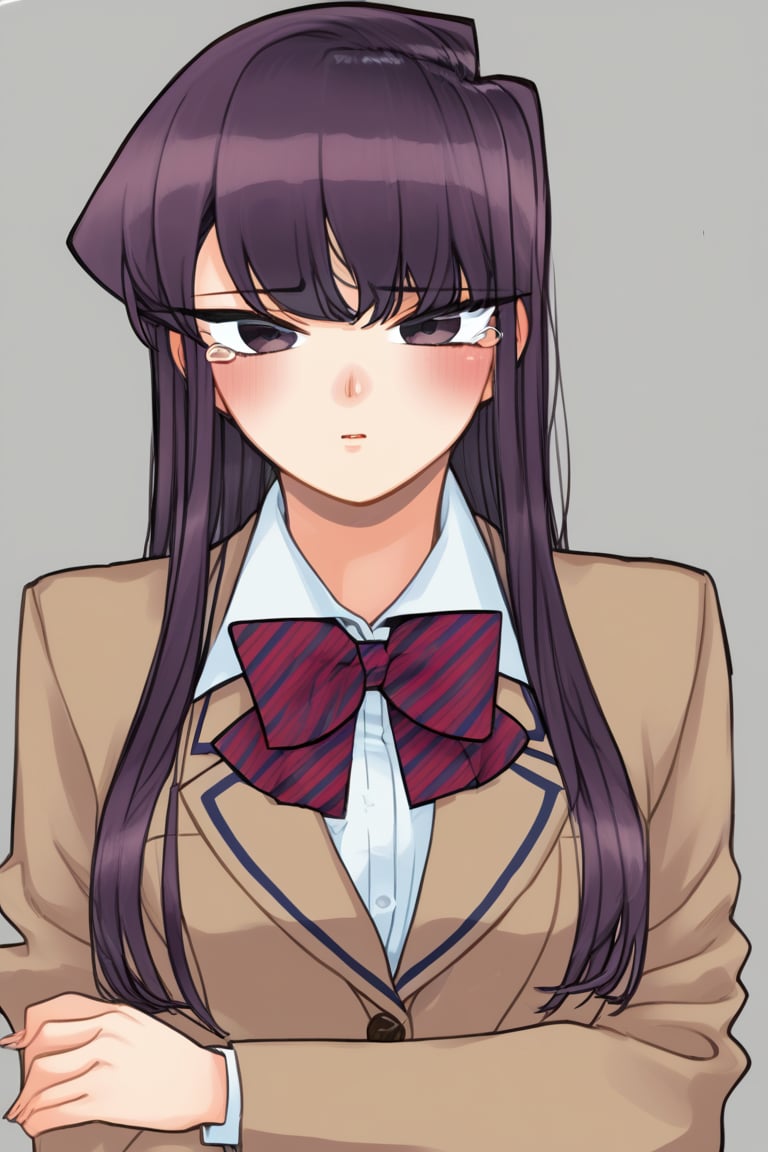 sad woman, crying, school uniform, purple eyes, sad and gloomy expression, long hair, straight hair, long straight hair, very dark purple hair, long haired woman, uniform, school uniform, komi_shouko, sad, tears, loneliness, sadness, alone, background: molested, bullying, school, hallways, laughter, teasing, tears, school hallways,